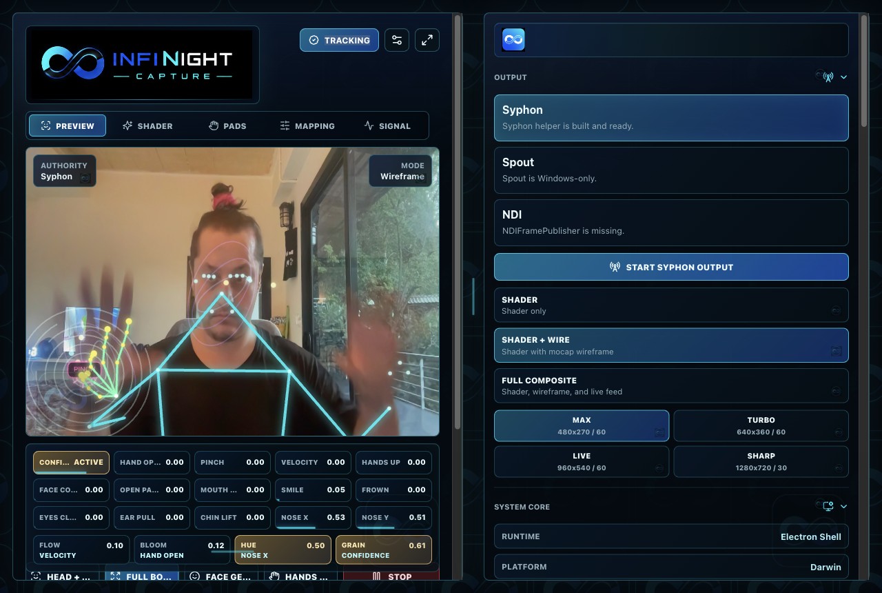 INFINIGHTCapture app with Shader plus Wire output mode selected